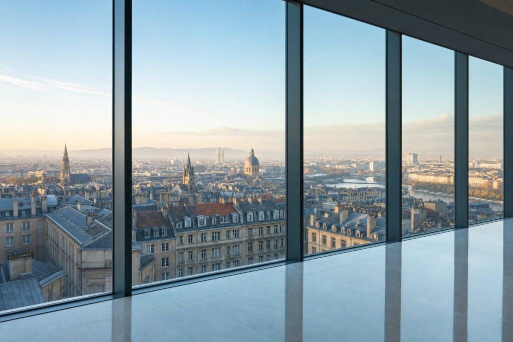 Blick über die Stadt aus einer Glasfassade am Morgen