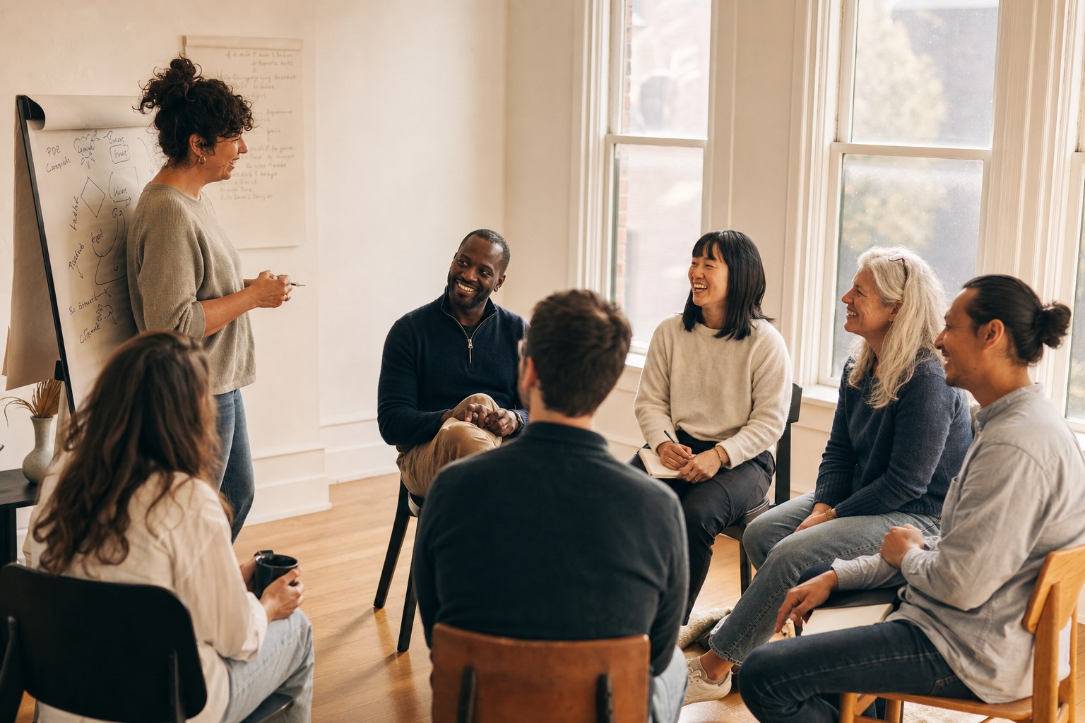 Workshop-Gruppe im Halbkreis mit Flipchart